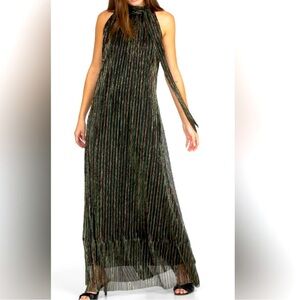 Johnny Was M EUC Metalic Green Halter Maxi Dress with scarf wrap iridescent.